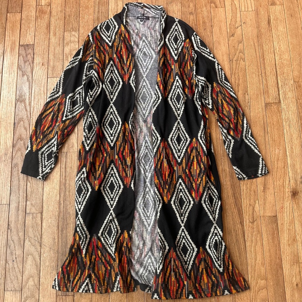 Yak & Yeti Cardigan Boho Aztec Sweater Womens L/XL Longline Diamond Knitâ Black